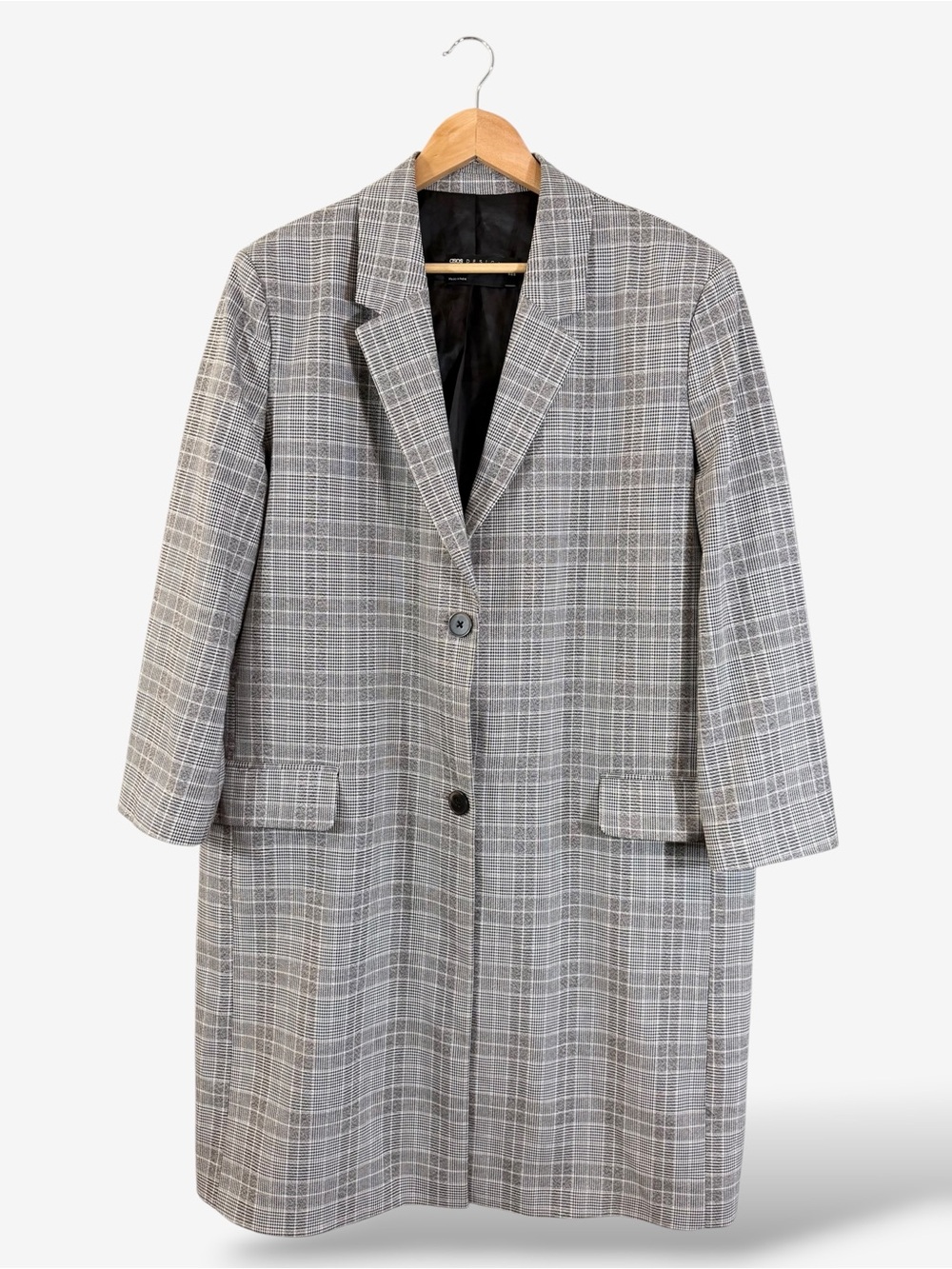 ASOS Trench Coat Two Button Gray Black US 6 Oversized Houndstooth Plaid Classic